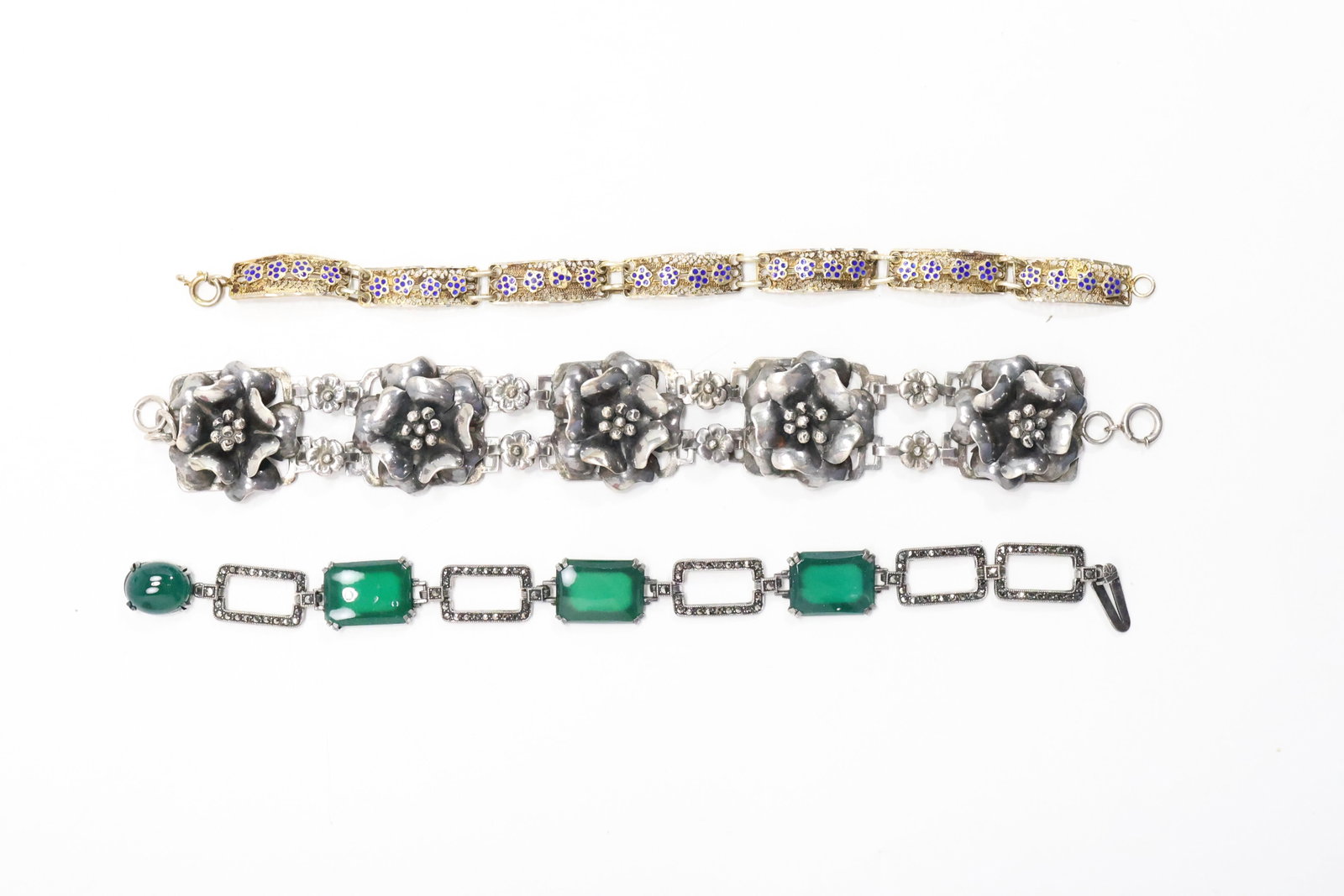 [3] Sterling Silver Bracelets: 5 Panels of Dogwood Flowers; Sterling Jade and Marcasites ; 835 Blue (1 of 16)