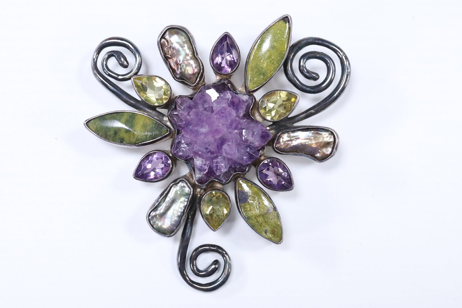 Large Sterling Silver Pendant / Pin "The Dreamer" Amethyst, Citrine, MOP, Green Agate 3 in. x 3 in. (1 of 14)
