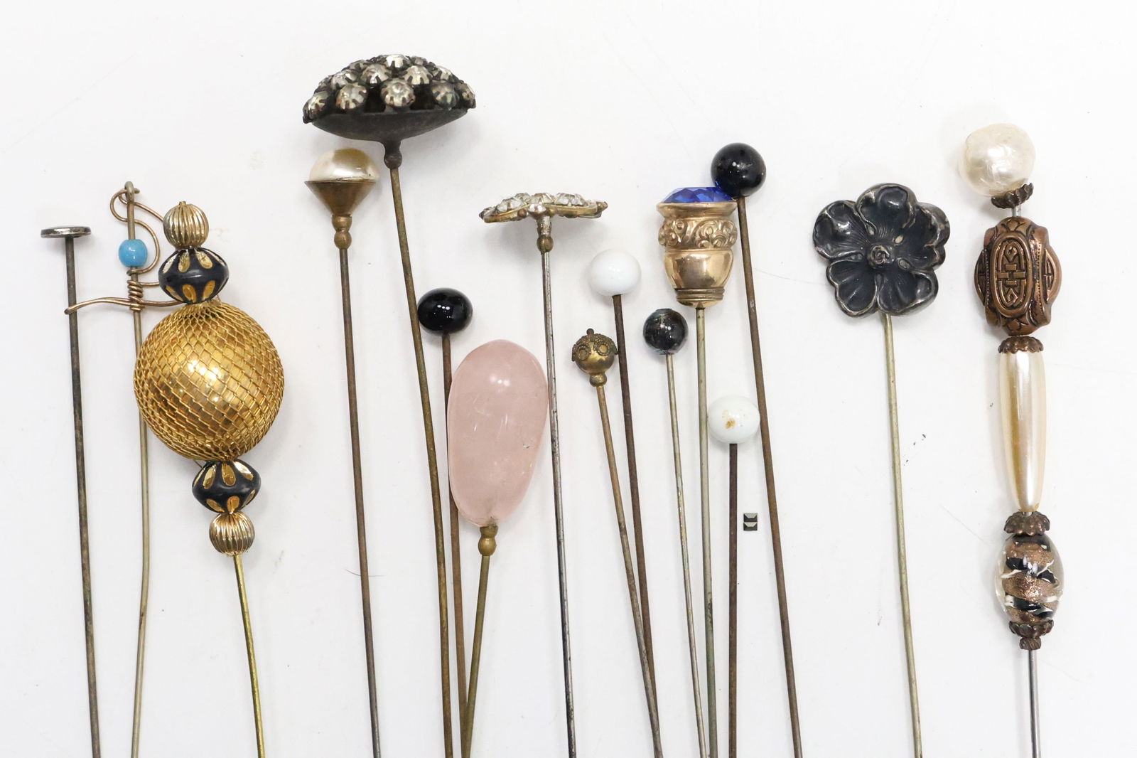16 Vintage Hat Pins sizes 11 in. to 6 in., Sterling Flower, Sterling Murano Beads, Rose Quartz (1 of 15)