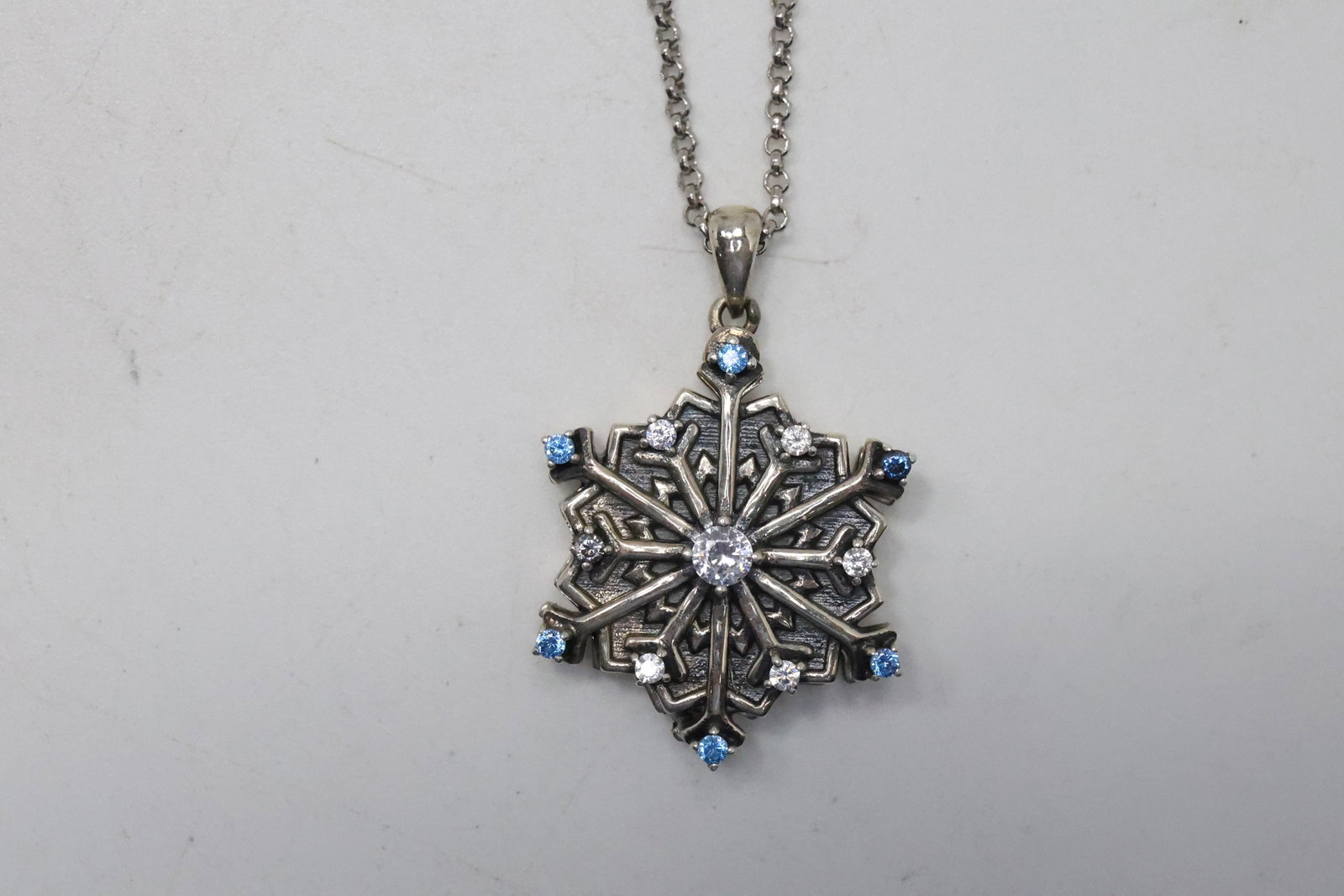 S925 Sterling Silver Snowflake with Blue and Clear Stones Pendant Necklace on S925 20 in. Chain (1 of 9)