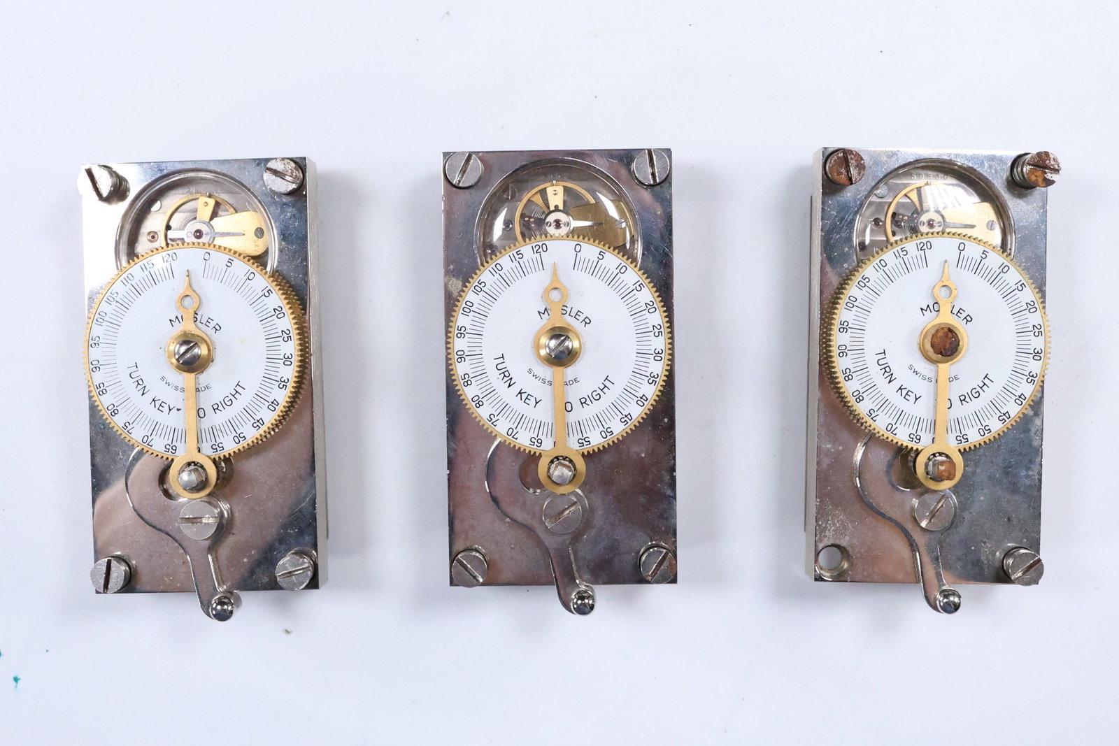 3 Antique Mosler Lock Co. Swiss Made Turn Key to Right Lock Safe Illinois Watch Co. 3 1/2 in. x 2 in (1 of 14)