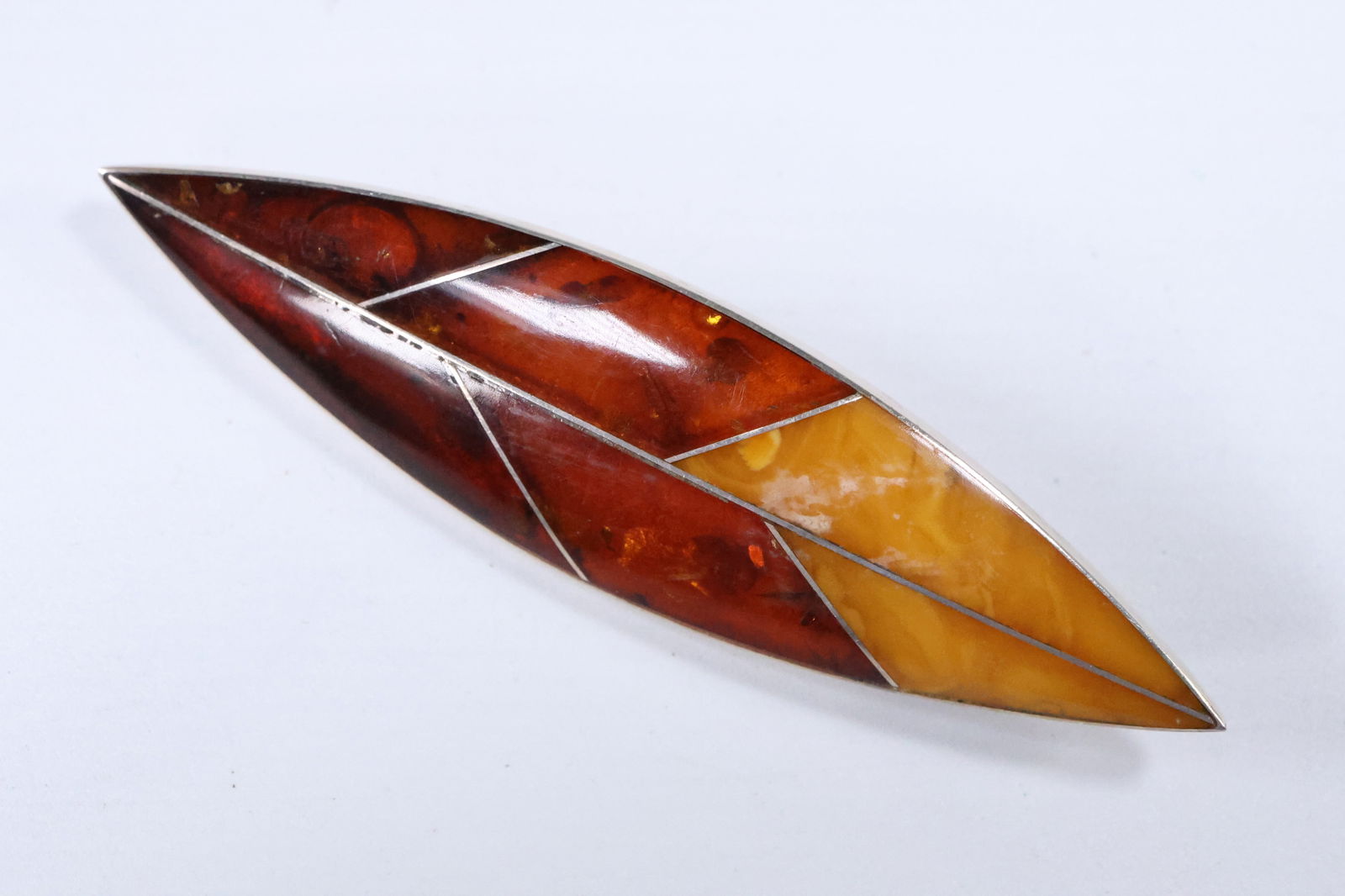 .925 Sterling Silver Hallmark of Side Portrait Inlaid Baltic Amber Pin 3 in. x 3/4 in. (1 of 7)