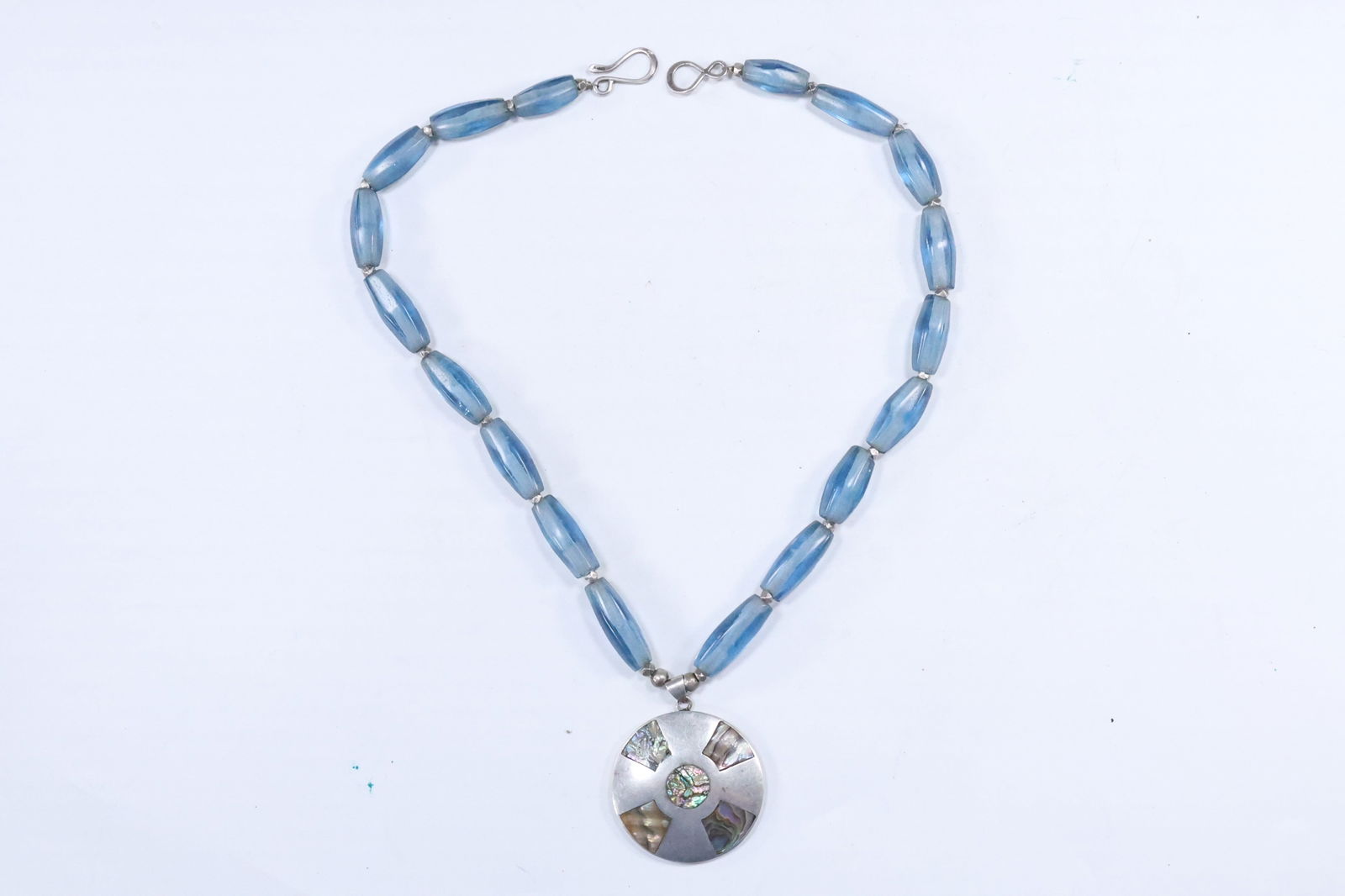 Taxco .925 Sterling Silver Abalone Inlaid Disc Pendant on Sterling Hook & Eye Closure Blue (1 of 13)