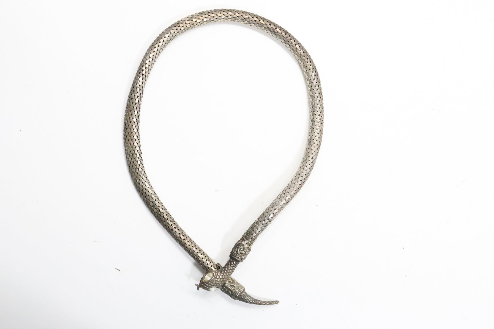 Vintage Silver Tone Mesh Snake Necklace Banded with Hand Carved Faces 23 in. x 5/8 in.; (1 of 17)