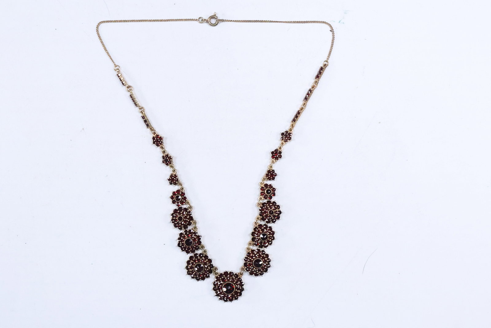 Gold Filled / Gold Tone Victorian Garnet Graduated Flower Design Necklace 17 in. x 3/4 in. x 3/8 in. (1 of 16)