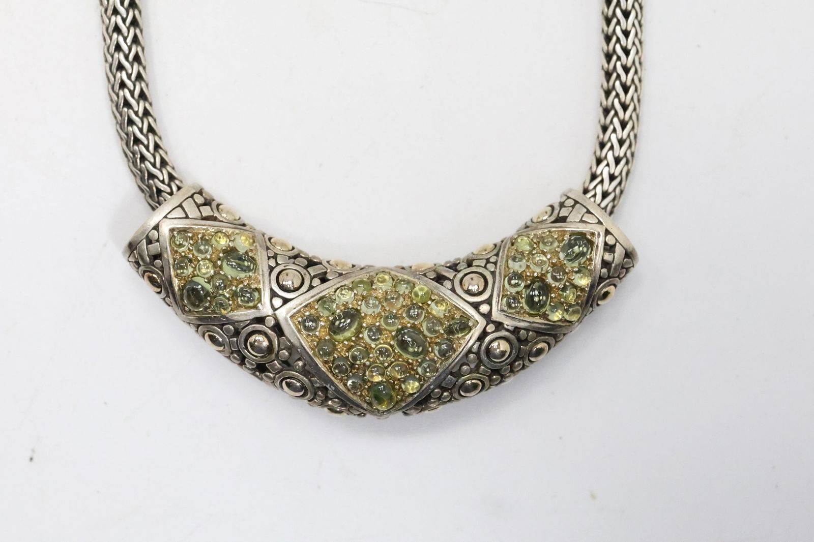 Exquisite .925 Sterling Silver and 14K Gold Wheat Chain 16 in. Slider Pendant Peridot Cabochons (1 of 16)