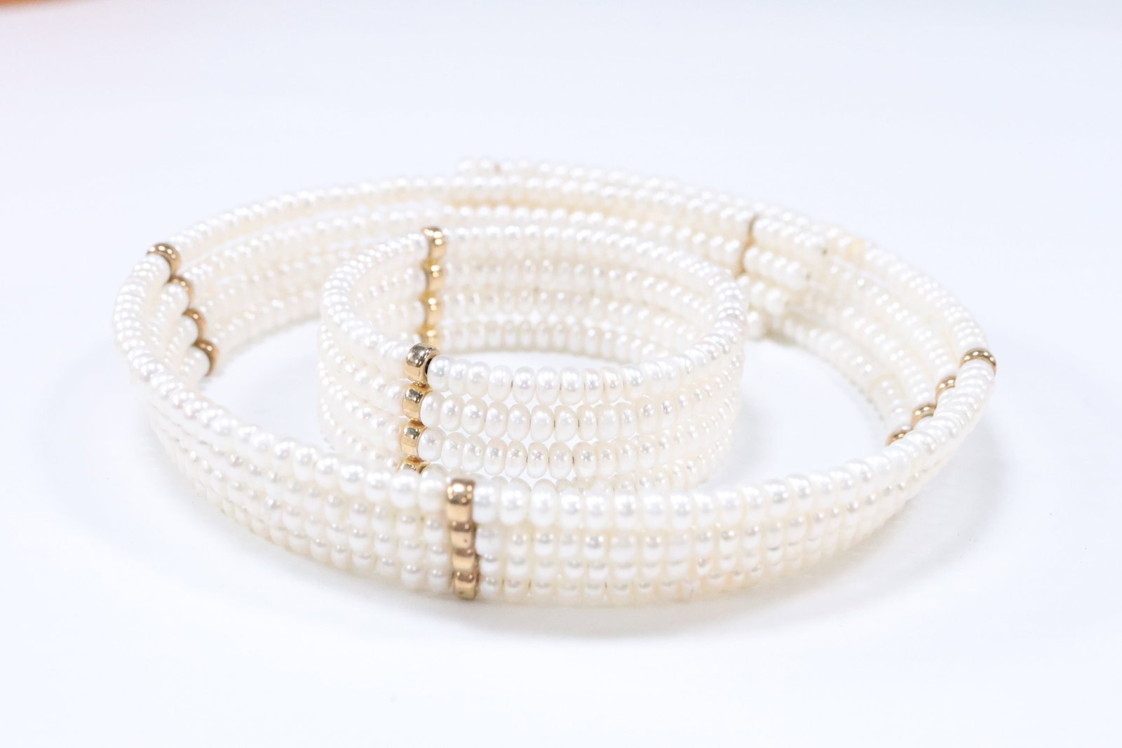Quality Beautuful Freshwater Cultured Pearls 4-Rows 14K Spacers Stretch Collar Necklace 6 in.: Quality Beautuful Freshwater Cultured Pearls 4-Rows 14K Spacers Stretch Collar Necklace 6 in. x 7/8 in. and Freshwater Cultured Pearls 4-Rows 14K Spacers Stretch Bracelet 2 in. x 7/8 in.