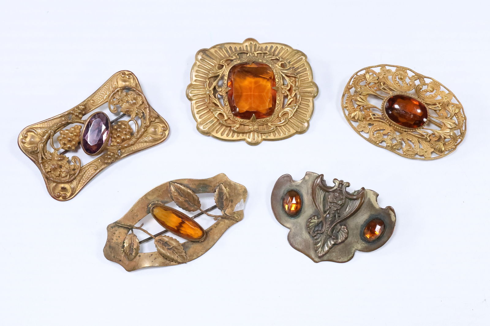 [5] Assorted Victorian Pins: Oval Filigree with Amber Stones 3 in. x 2 in. ; Squarish with Amber (1 of 20)