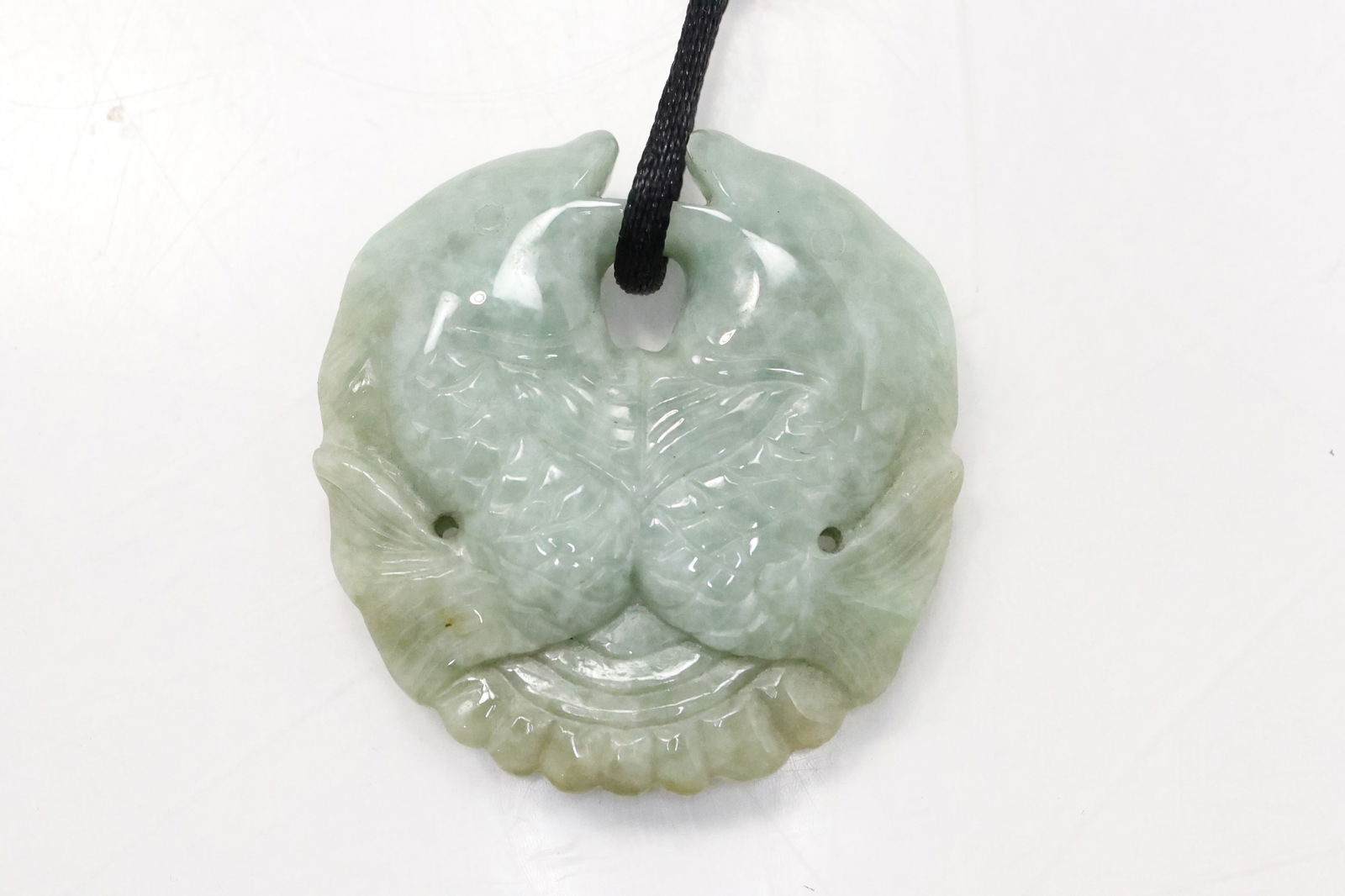 Jadeite Carved Koi Fish Pendant 2 in. x 1 3/4 in.  on 34 in Cord Necklace (1 of 12)