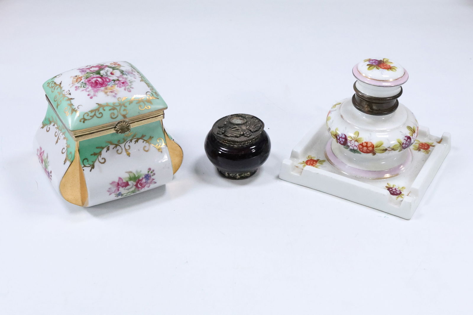 [3] Hand Painted Porcelain Dresser Box 3 1/2 in. x 4 in. x 4 in. ; Porcelain Hand Painted Inkwell (1 of 20)