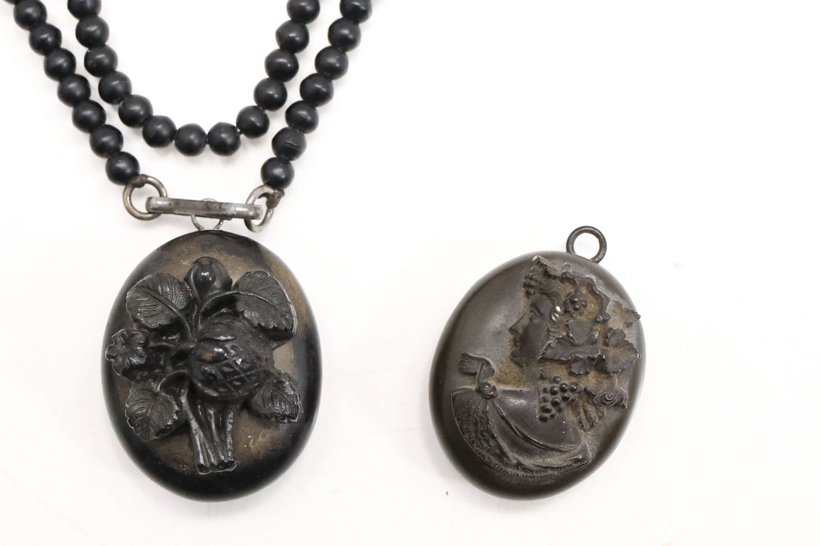 19th C. Gutta Percha Necklace 22 in.; Gutta Percha Locket Strawberries 1 3/4 in. x 1 1/4 in. (1 of 16)