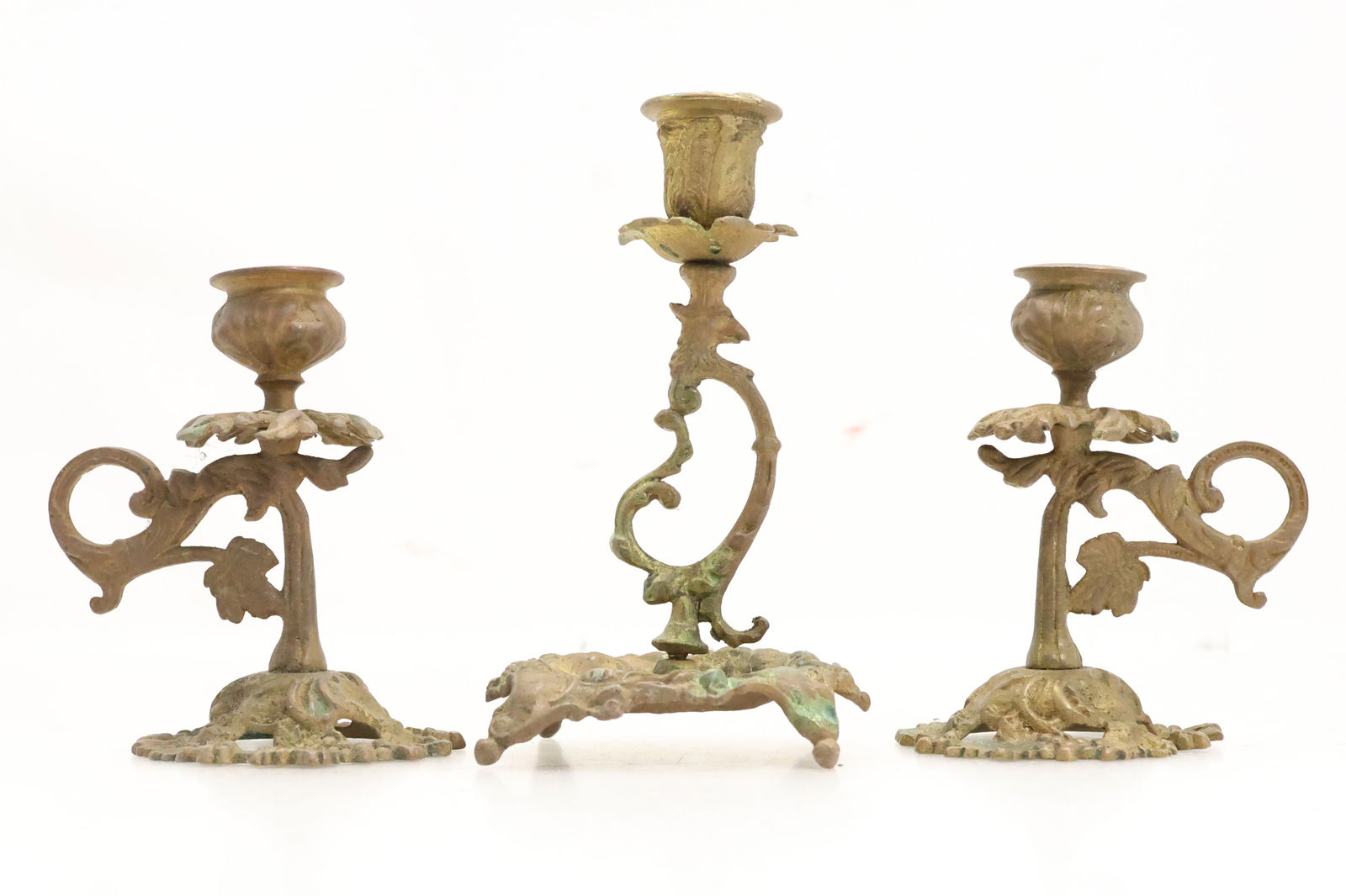 Circa 1900 3-Pieces Griffin Brass Candle Holders, Good Original Patina (1 of 18)