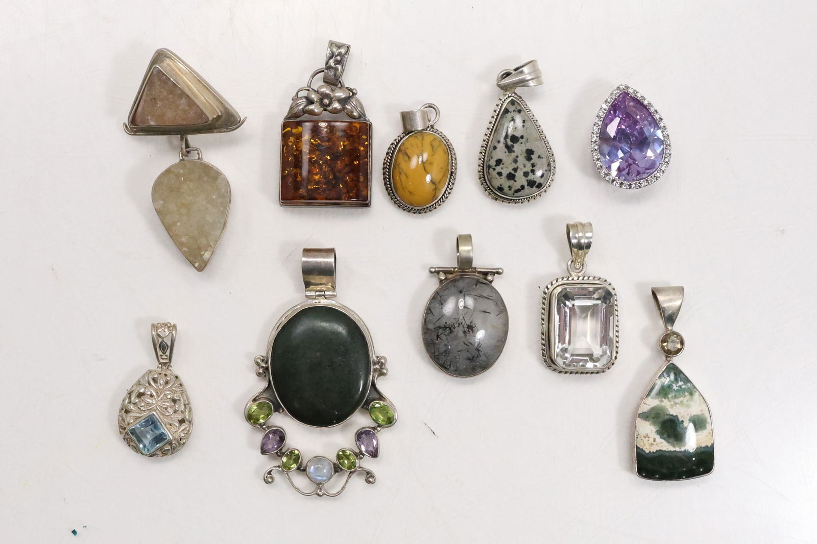10 Assorted Sterling Silver Pendants: .925 with Agate and Peridot 2 in. x 1 in. ; .925 Yellow Agate (1 of 19)