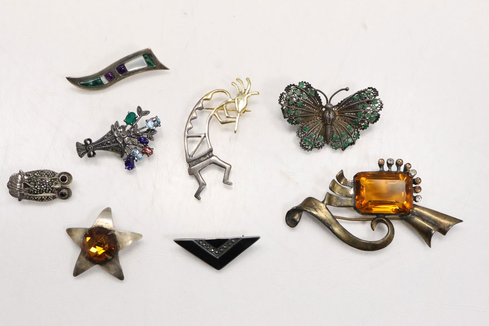 8 Assorted Sterling Silver Pins: Sterling 1950s Pin with Faux Amber Stone 3 in. x 1 3/4 in.; (1 of 16)