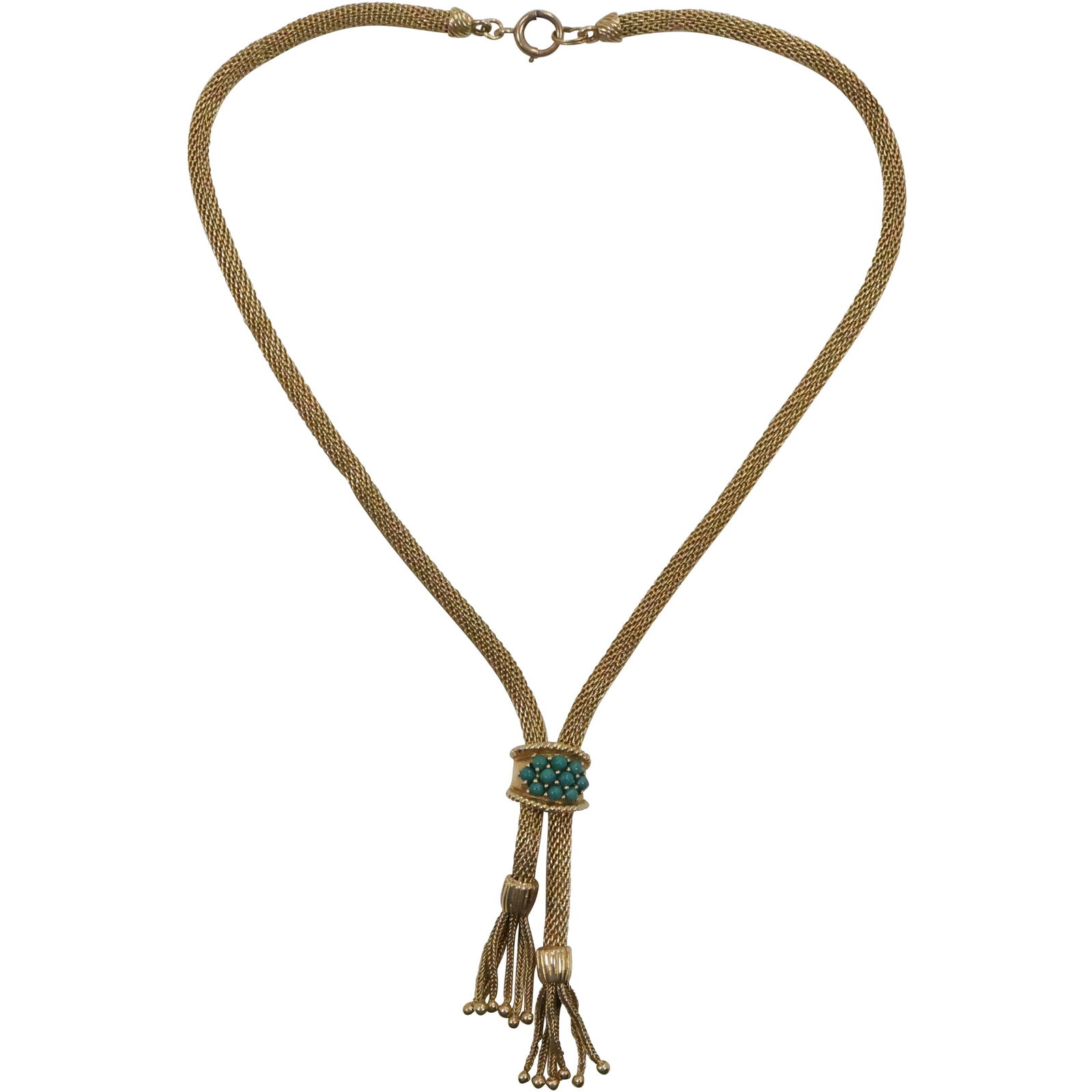 14K Gold, 18.96 dwt, High Line Victorian Mesh Chain Necklace Doble Tassel Ends, Turquoise