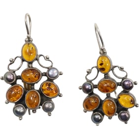 .925  Sterling Silver Amber Pierced Drop Earrings ; 1 7/8 in. x 1 1/8 in.