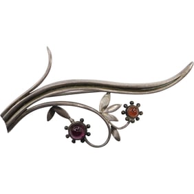 Sterling Silver 16.4 grams with Hallmarks Swirl Stem Pin with Amethyst & Garnet Flowers