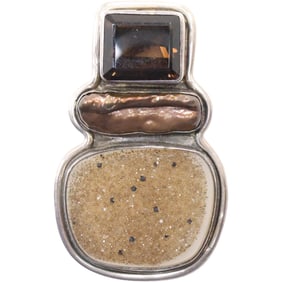 Sterling Silver with Smokey Citrine, Brown MOP, Brown Geode Stone Pin ; 2 in. x 1 1/4 in.