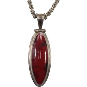 .925 Sterling Silver Mexico JRI Red Agate Pendant Necklace .925 Italy 18 in. Byzantine Chain