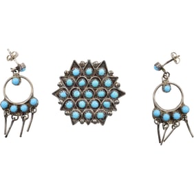 Native American Indian Florenda Lonasee Zuni NM Sterling Tear Shape Border Turquoise Pin