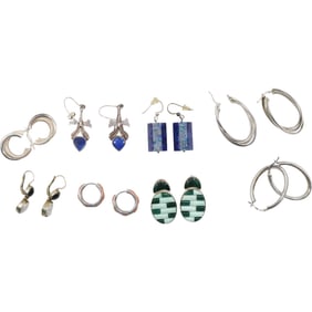 8 Assorted Pairs Sterling Silver Pierced Earrings: Lg. Oval Hoops 1 1/2 in. x 1 in. ; MOP with Black