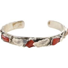 Native American Indian Sterling Silver with Coral, M Payton, Cuff Bracelet 2 3/4 in. x 2 in.