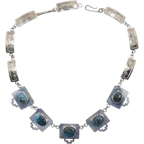 Alvin T89 Sterling Silver 69.6 grams, Native American 5-Panel Turquoise with 6-Panels Engraved