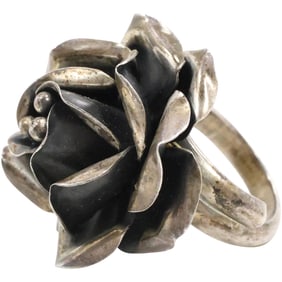Mexico Taxco .925 Sterling Silver, DCA?, ROSE RING Size 6 [adjustable] 1 1/4 in. diameter