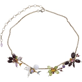 .925 Sterling Hand Made Garnet Beads, Amethyst Beads, Peridot Beads Necklace 14 in. x 1 1/4 in. x 1