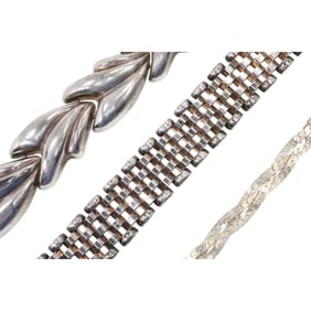 3 Assorted Sterling Silver, 52.5 grams, Bracelets: 1930s Braid 7 1/2 in.; Basket Weave 7 in.; "V"