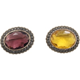 2 Oval Gold Filled Victorian Pins: Amber Stone & Marcasites 1 5/8 in. x 1 3/8 in. ; Amethyst Stone