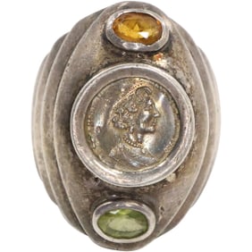 .925 Sterling Silver Amber and Peridot Stones Center is 1988 Queen Elizabeth Coin Ring Size 8.75