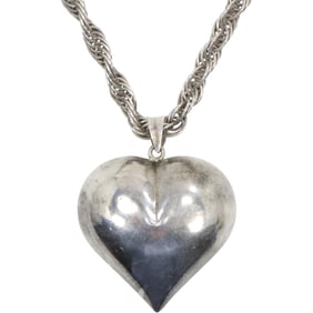 Sterling Silver, 61.1 grams, Large 29 in. "O" Link Chain with Large Sterling Heart Pendant 2 1/4 in.