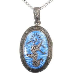 Siam Sterling Silver Blue Enameled Locket Engraved 2 in. x 1 in.  on 24 in. Sterling Chain