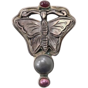 AKK Sterling Silver Abalone Butterfly Pin / Pendant with Garnet & Pearls 2 1/2 in. x 1 3/4 in.
