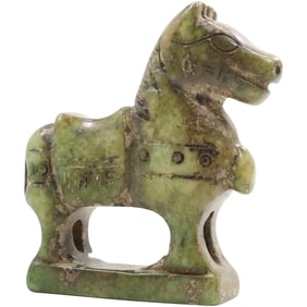 18th C. Ancient Chinese Han Dynasty Carved Green Jade Horse Statue Sculpture 3 1/2 in. x 3 in.