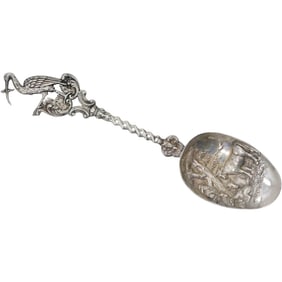 Sterling Silver, 69.9 grams, Hand Carved Elaborate Man with Animals Under Tree Spoon, Stork