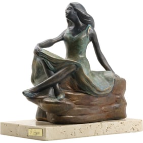 Signed Angeles Anglada Hallow Ceramic Female Sittingon Rocks Sculpture