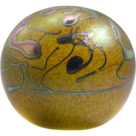 Hand Signed Robert Held Iridescent Yellow Art Glass Paperweight