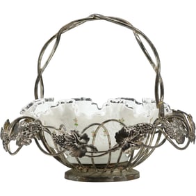 Fabulous Silver Plate Frame Centerpiece Basket with Hand-Painted Fenton Case Glass Bowl