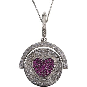 .925 Sterling Silver Milor Italy Double Sided White Topaz, Rubies & Black Onyx Heart Peace Pendant