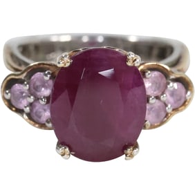 NH925 Sterling Silver Ruby Flanked by 6 Pink Sapphires Quality Designed Ring Size 6.25