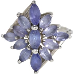 Stunning .925 Sterling Silver with Tanzanite Cluster Ring Size 6.25, 3/4 in. dia.