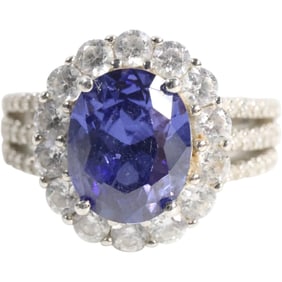 Exquisite BBJ .925 Sterling Silver with Center Stone Tanzanite and CZ Ring Size 6.25