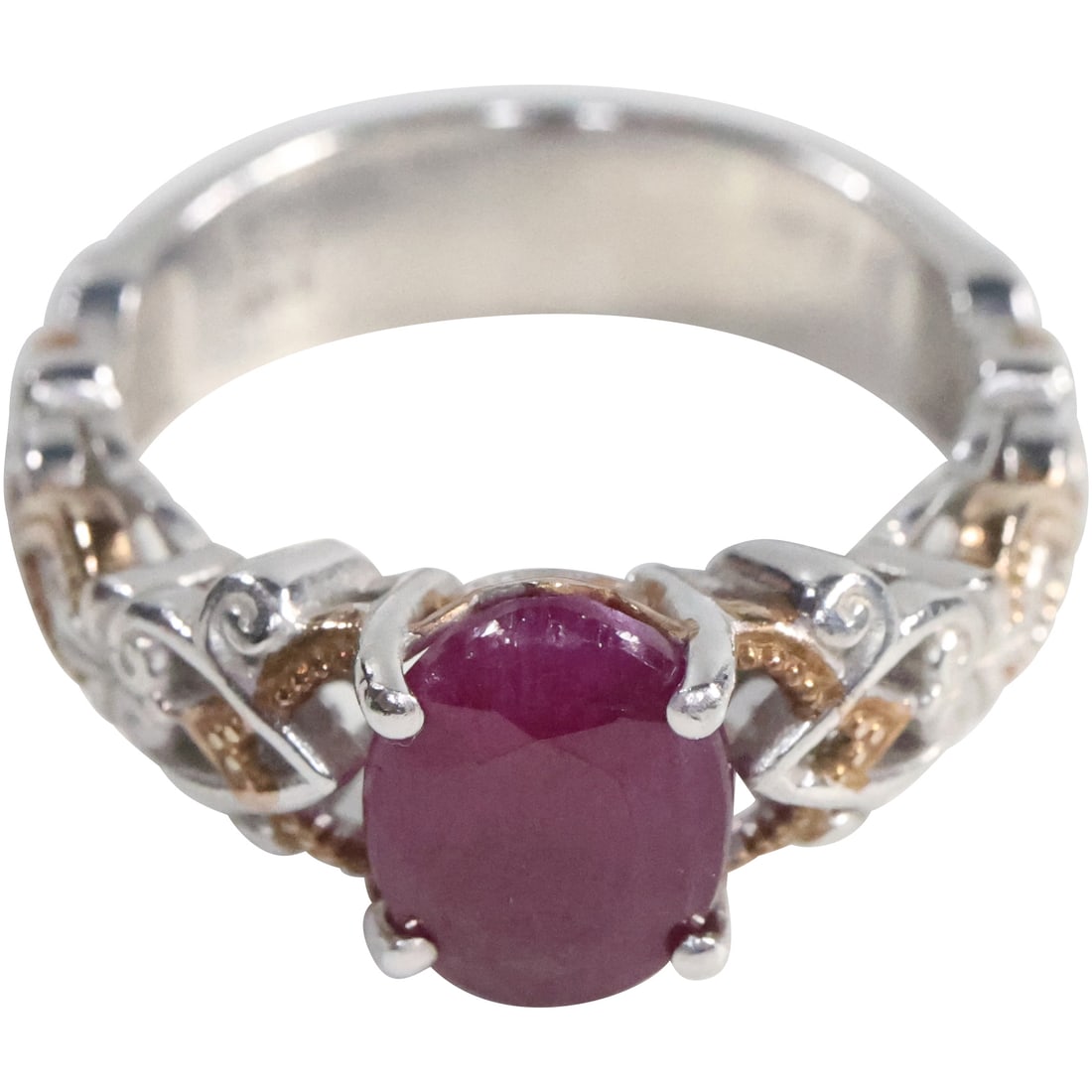 NH .925 Sterling Silver with Ruby Stone, Silver and Gold Tone Side Designs Ring Size 7 (1 of 20)