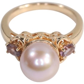 BBJ .925 Sterling Silver Rose Gold Tone with Freshwater Cultured Pearl with 2 Purple Amethyst Ring