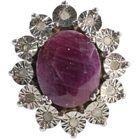.925 Sterling Silver Genuine Ruby Center Stone with Diamonds Surrounding Ring Size 5