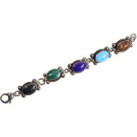 .925 Sterling Silver with Tiger's Eye, Turquoise, Lapis, Malachite & Black Onyx Stones Bracelet