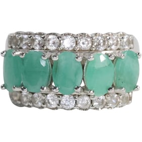 .925 Sterling Silver with Emeralds and White Topaz Ring Size 7 , 3/4 in. x 3/8 in.