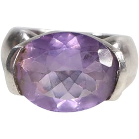 .925 Sterling Silver Purple Amethyst Modernist Ring Size 8 , 3/4 in. x 3/8 in.